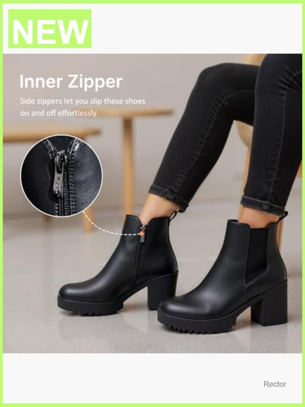 Chunky Heeled Ankle Booties Side Zip Faux Leather Retro Shoes - Picture 5 of 7